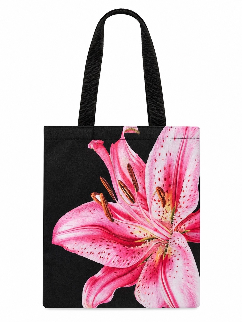 Black Tote with Pink Lily Floral Print